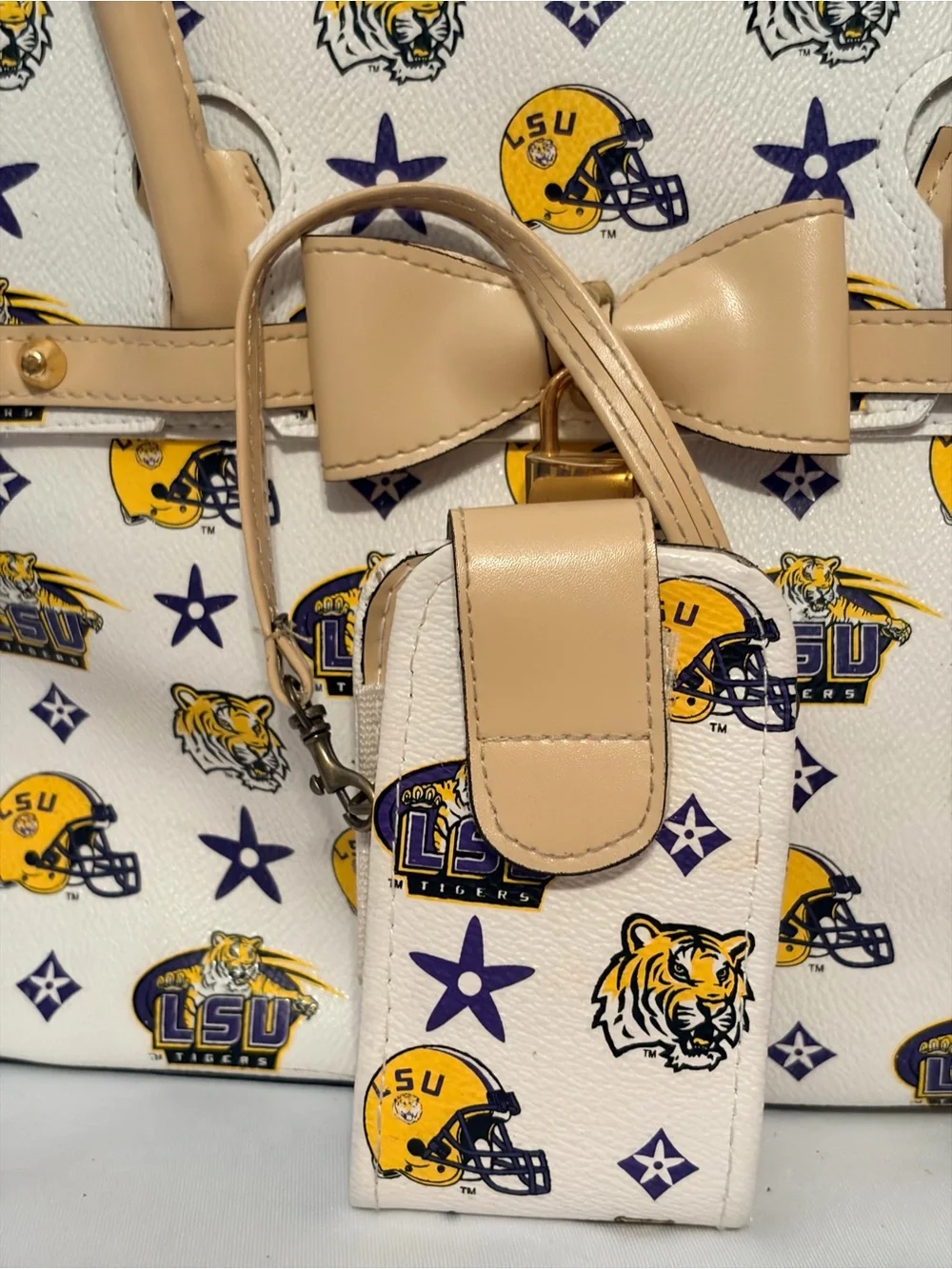 LSU Themed White & Tan Satchel Bag with Bow Accent & matching accessory pouch